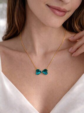 Teal Crystal Bow Necklace Gold Tone Mid-Length Elegant Pendant